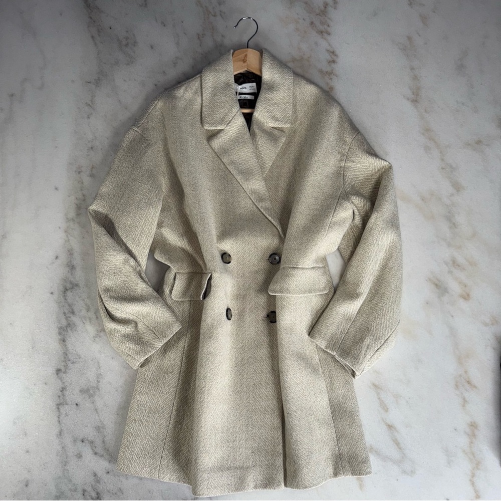 Mango Wool Blend Herringbone Double Breasted Coat Neutral Beige Medium New NWT
